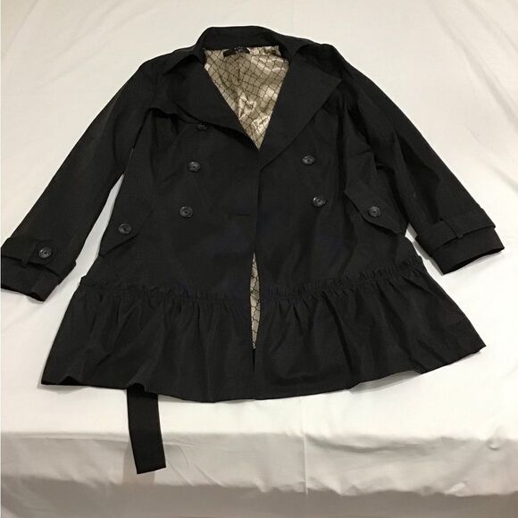 Sandro Studio Black Wrap Coat Double Breast Self Tie Belt Ruffle Hem Large - Picture 8 of 15